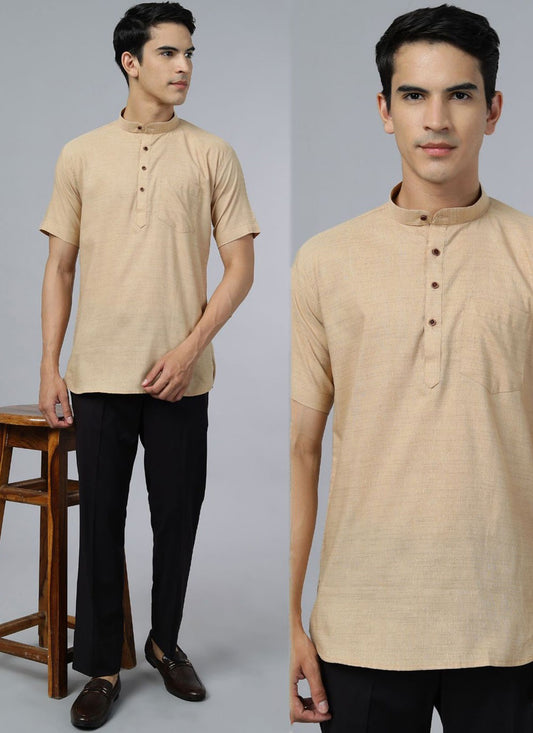 Plain Cotton , Khadi Beige Short Kurta - M6853