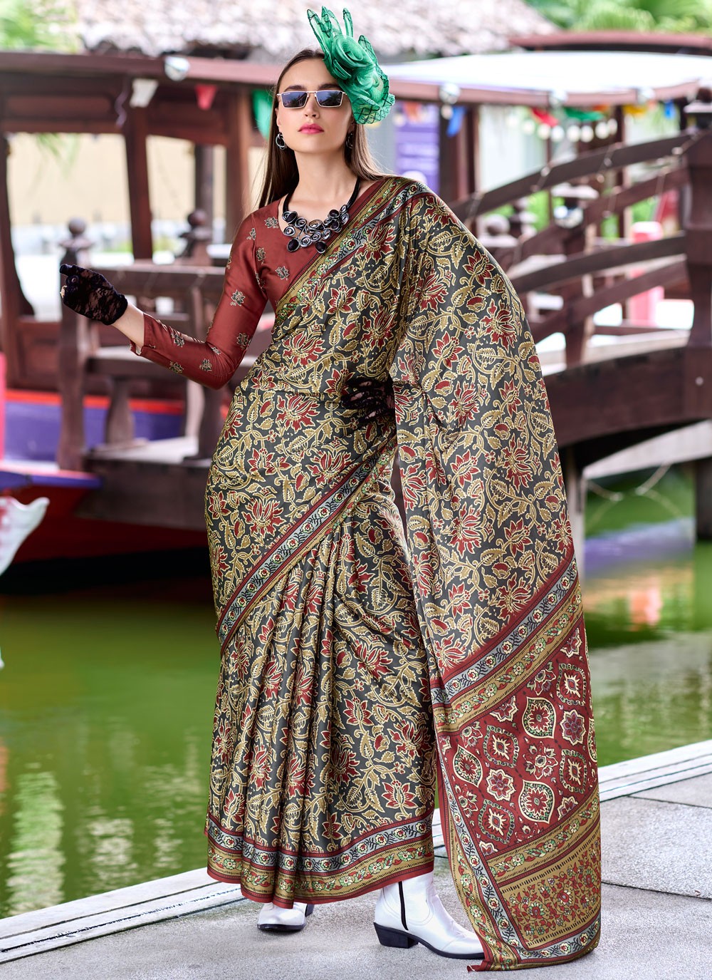 Classic Printed Satin Silk Saree - S8608