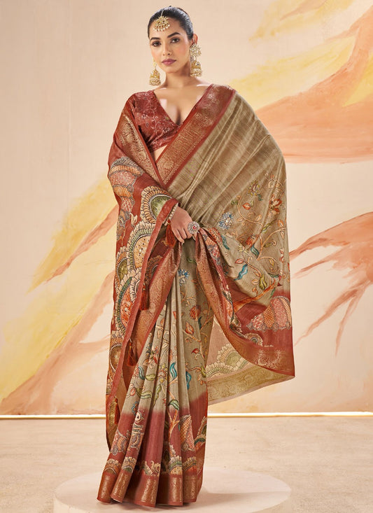Beige Silk Trendy Saree Printed, Weaving Zari S19100