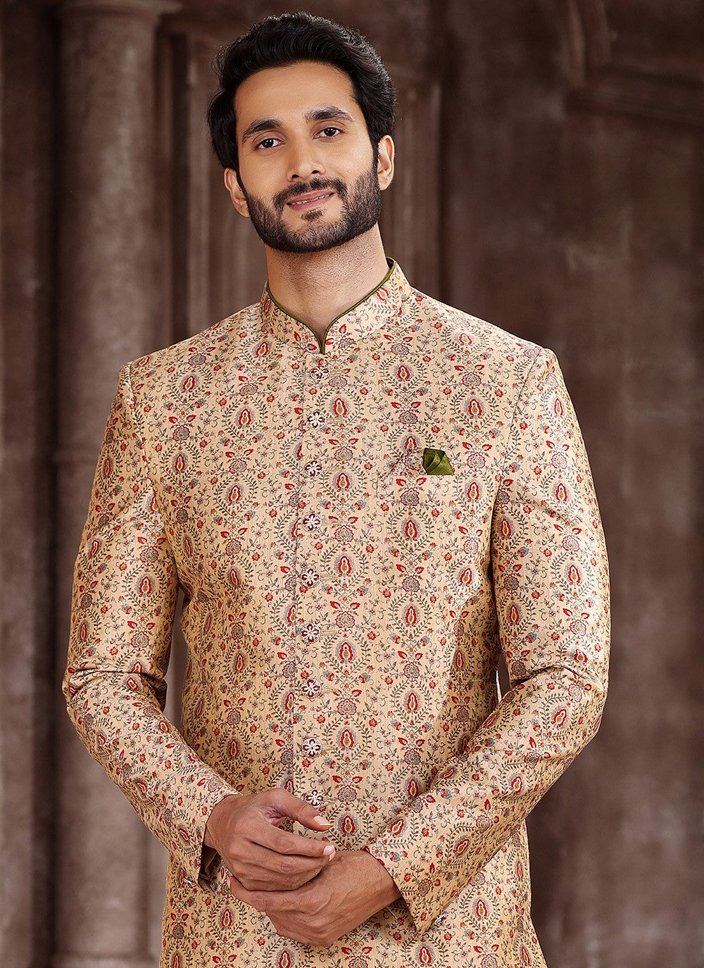 Printed Art Silk Beige Indo Western - M5291