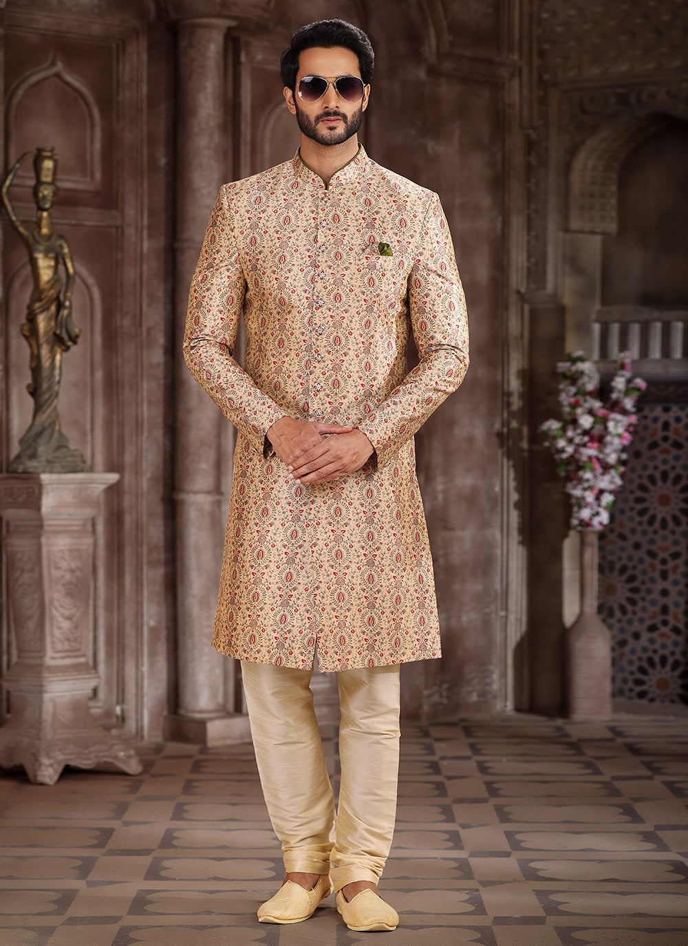 Printed Art Silk Beige Indo Western - M5291