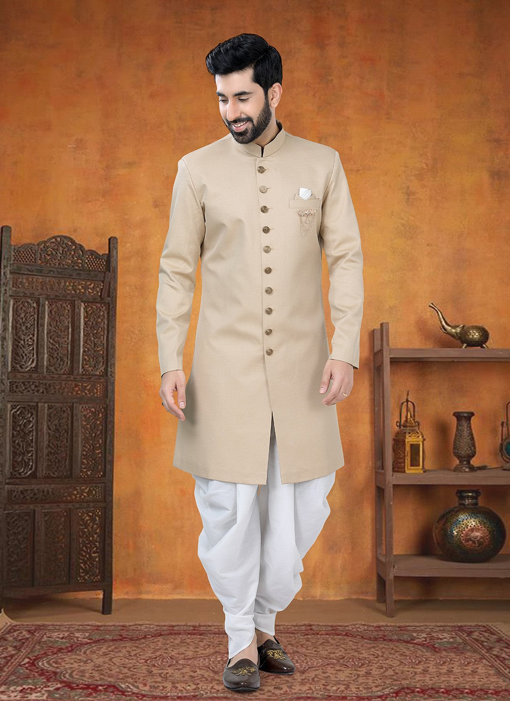 Buttons Rayon Beige Sherwani - M8766