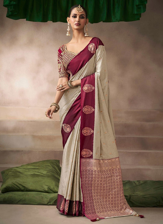 Beige Satin Silk Contemporary Saree Weaving Zari, Zari S19209