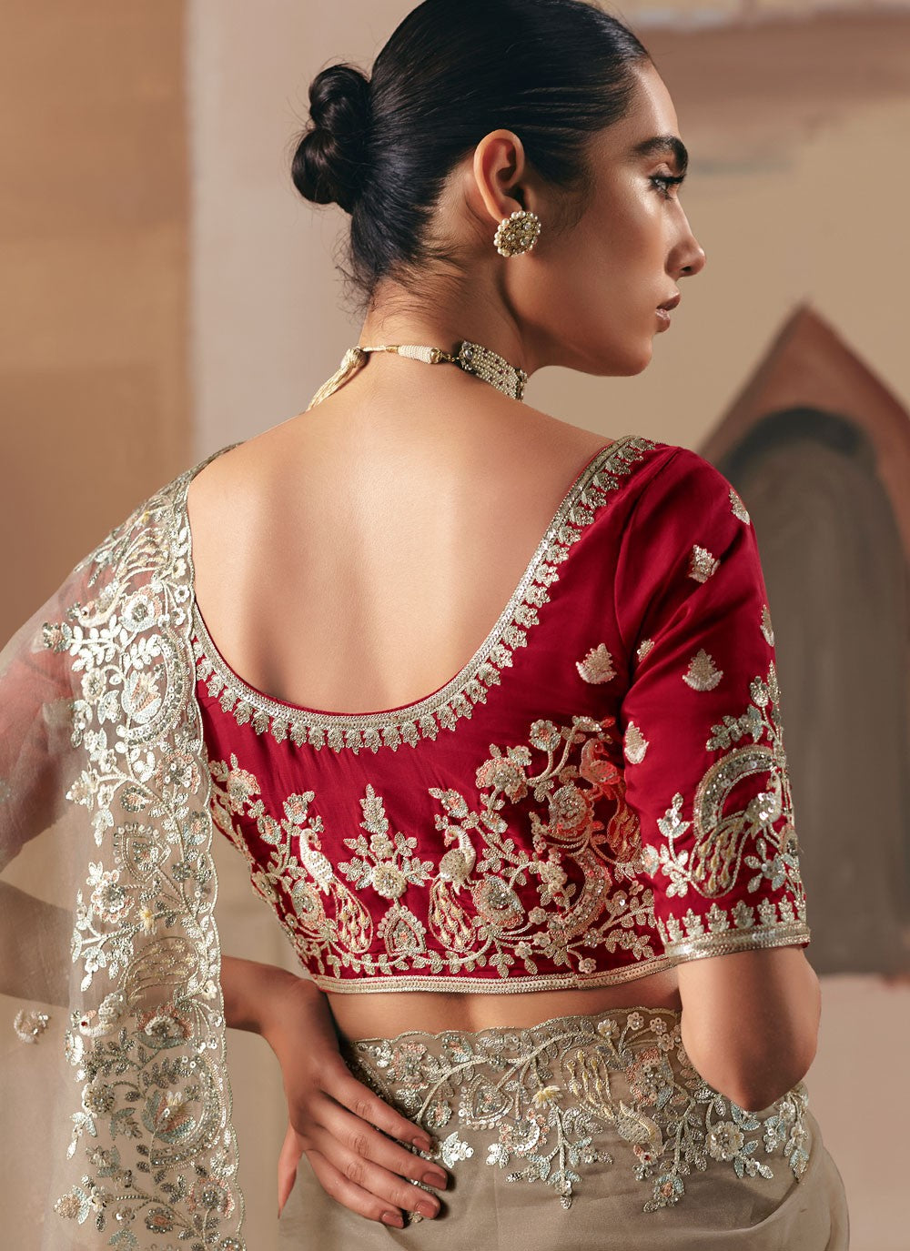 Beige Fancy Fabric Saree Embroidered, Sequins S20020