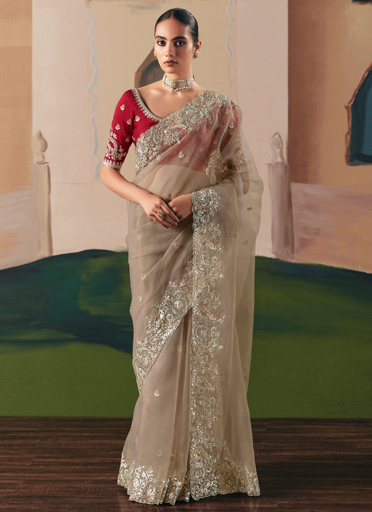 Beige Fancy Fabric Saree Embroidered, Sequins S20020