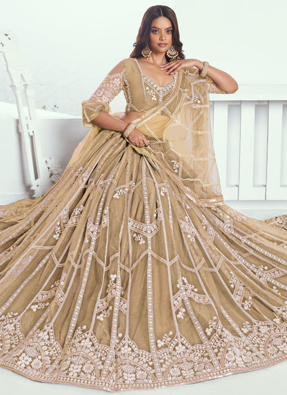 Embroidered Net Beige A - Line Lehenga  L3777