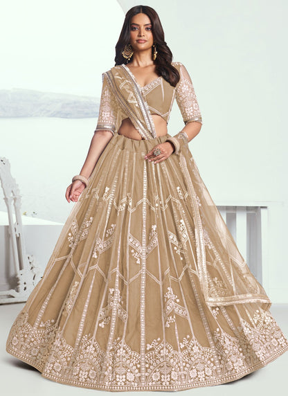 Embroidered Net Beige A - Line Lehenga  L3777