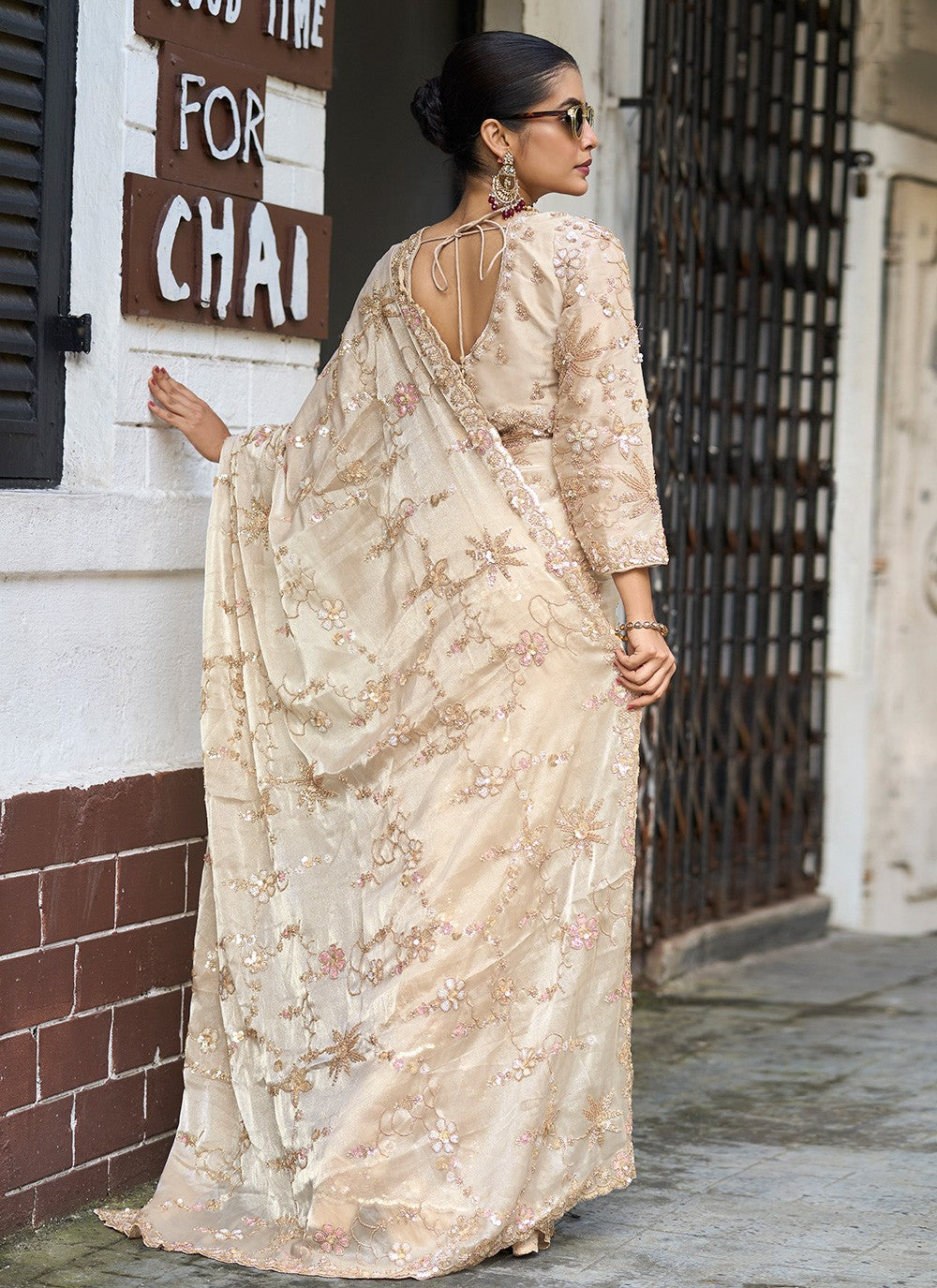 Beige Silk Contemporary Saree Embroidered, Sequins S20137