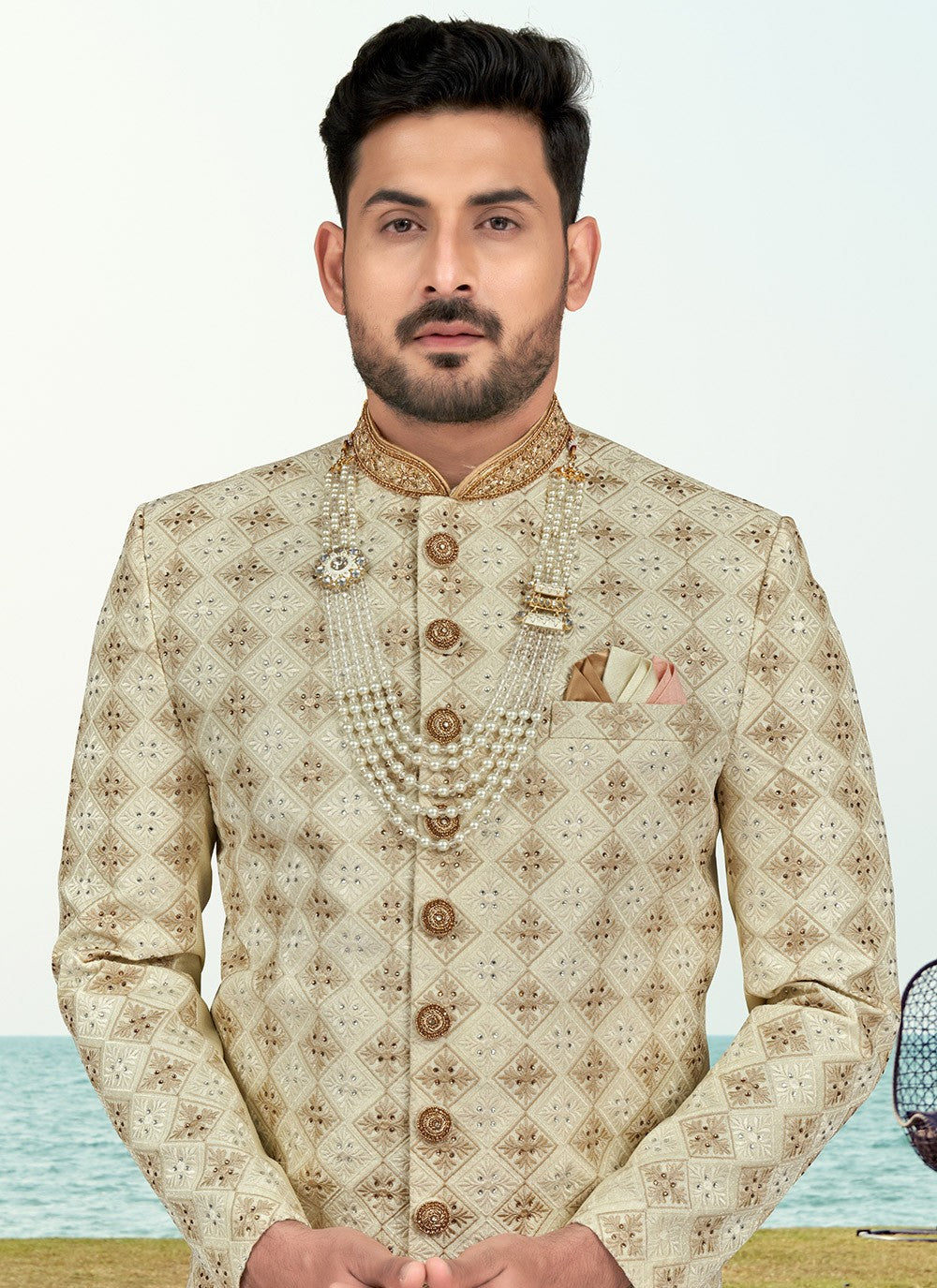 Hand Embroidery Silk Beige Indo Western Sherwani - M6600