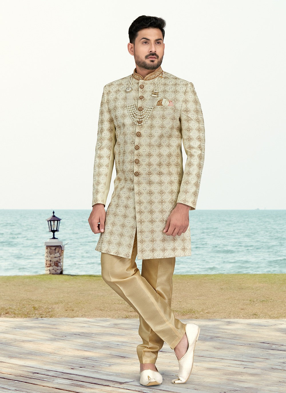 Hand Embroidery Silk Beige Indo Western Sherwani - M6600