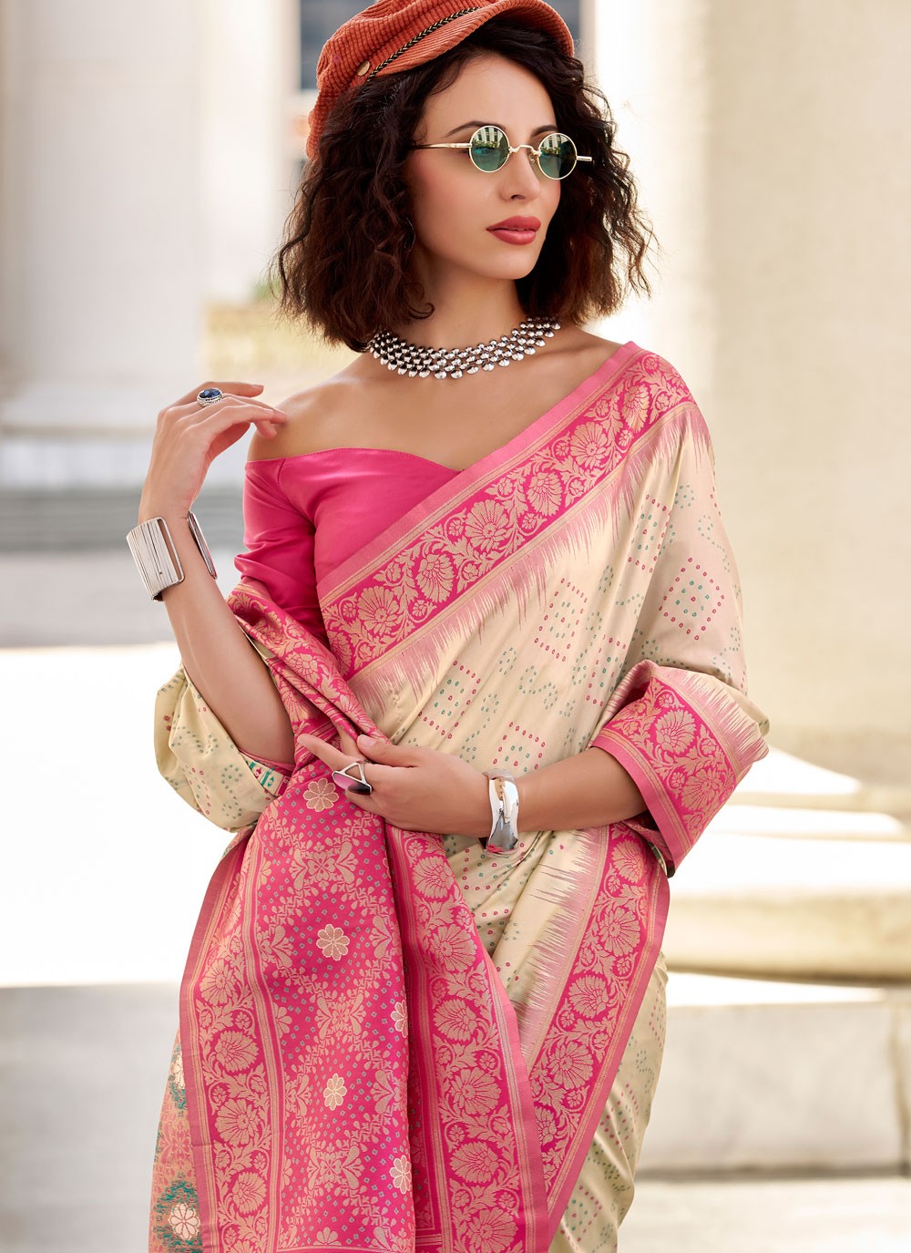 Traditional Foliage Prints Beige Silk Saree S13730