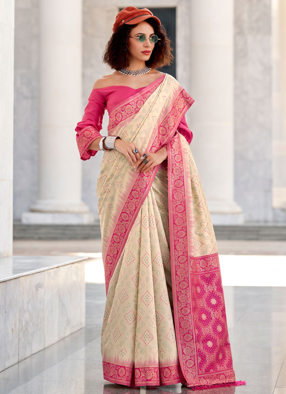 Traditional Foliage Prints Beige Silk Saree S13730