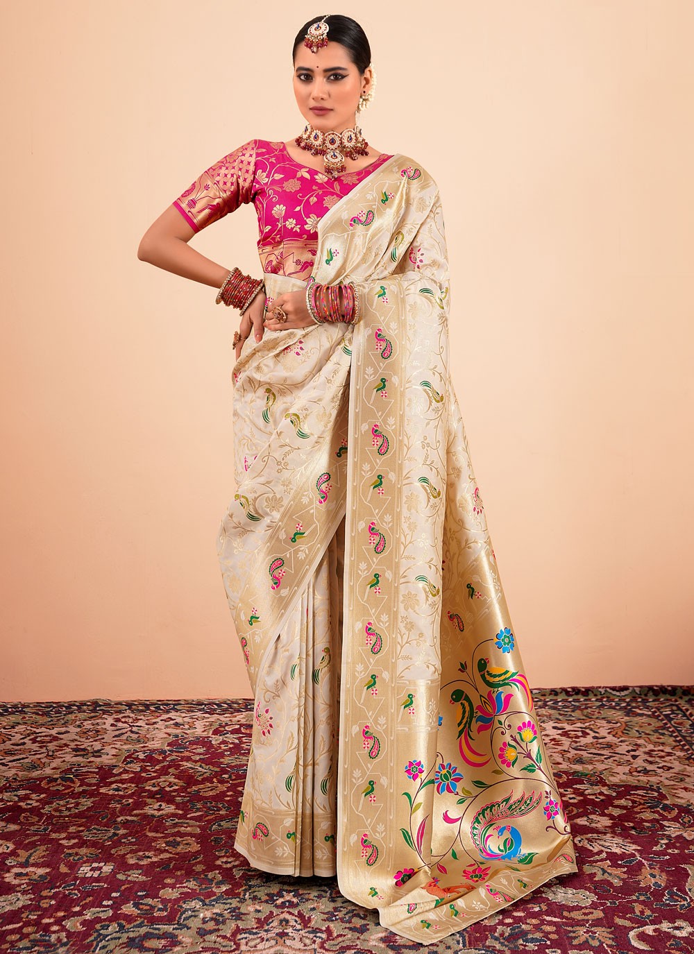 Classic Saree Border Work Beige Paithni Saree S13305