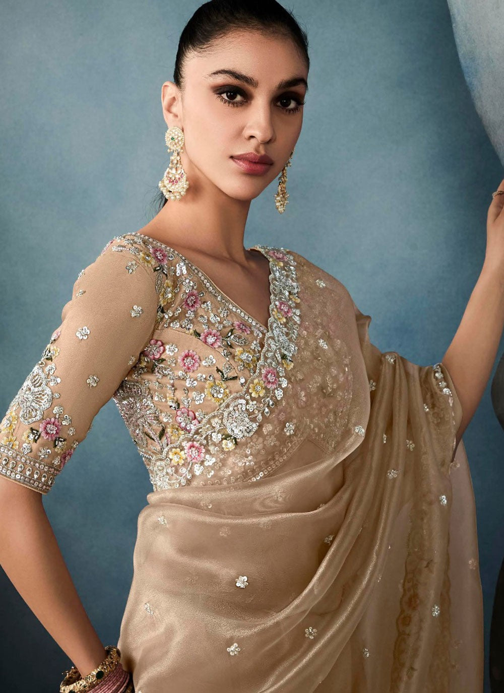 Cut Work Tissue Beige Trendy Saree S14870