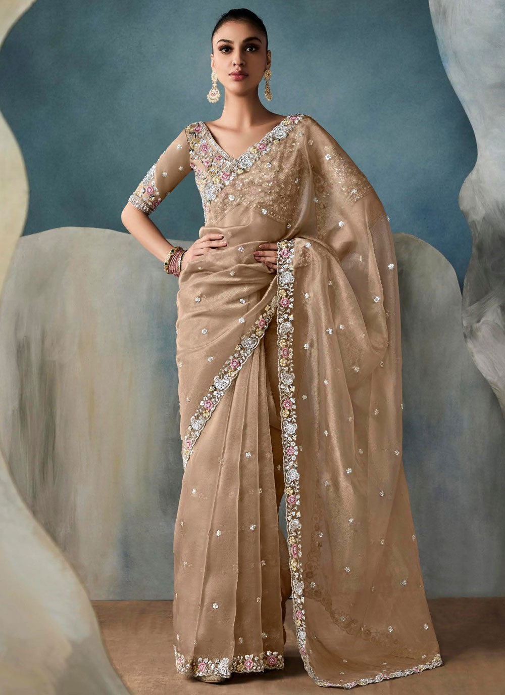 Cut Work Tissue Beige Trendy Saree S14870