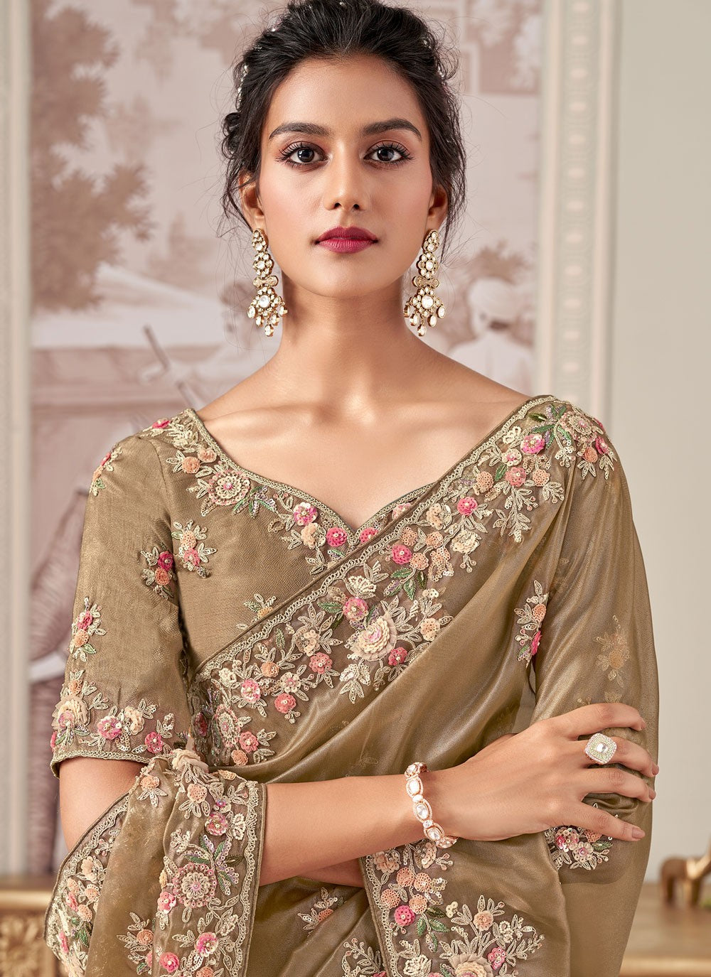 Beige Silk Trendy Saree Buttis, Embroidered, Sequins, Zari S17440