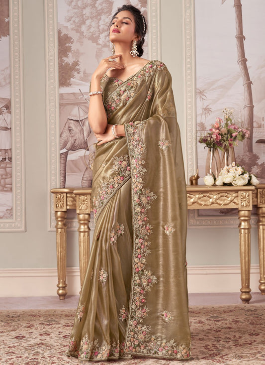 Beige Silk Trendy Saree Buttis, Embroidered, Sequins, Zari S17440
