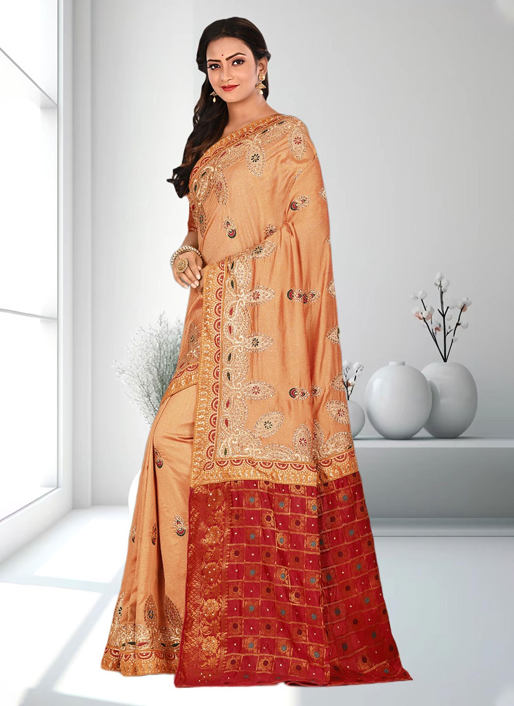 Classic Hand Embroidery Brasso Saree - S4738