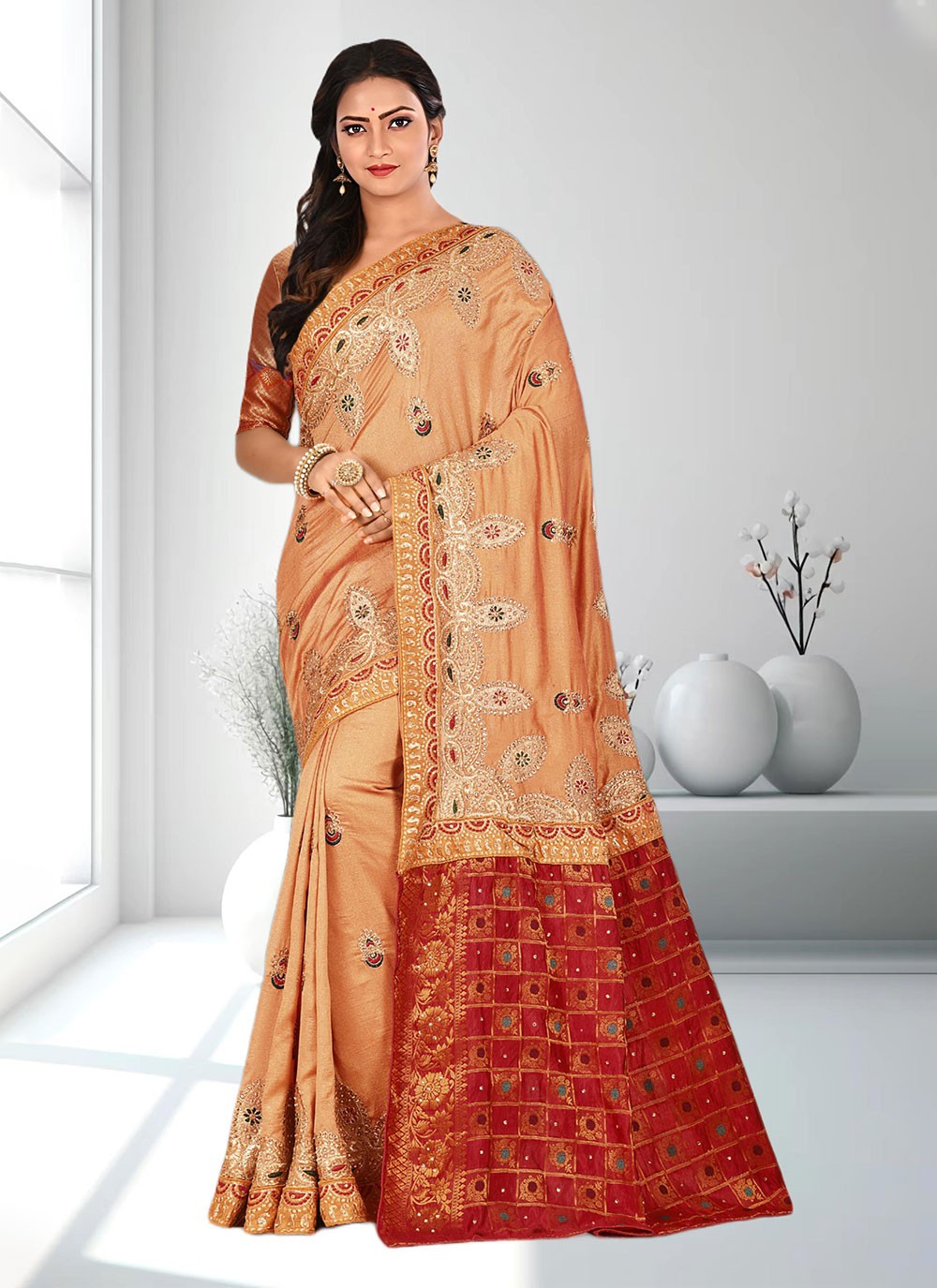Classic Hand Embroidery Brasso Saree - S4738