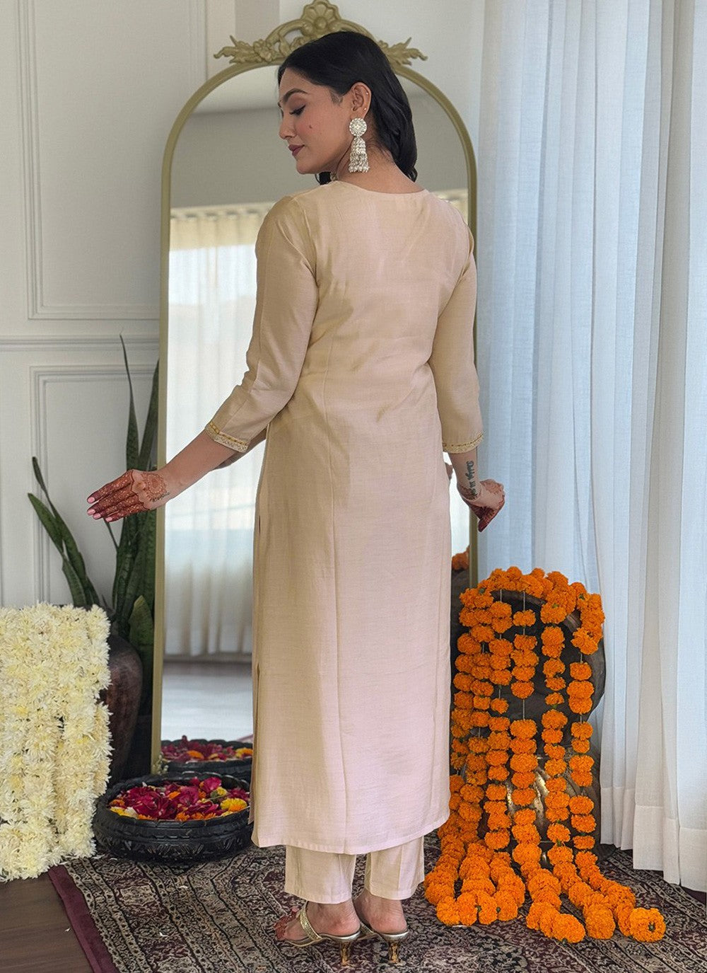 Embroidered Viscose Beige Salwar Suit T6044