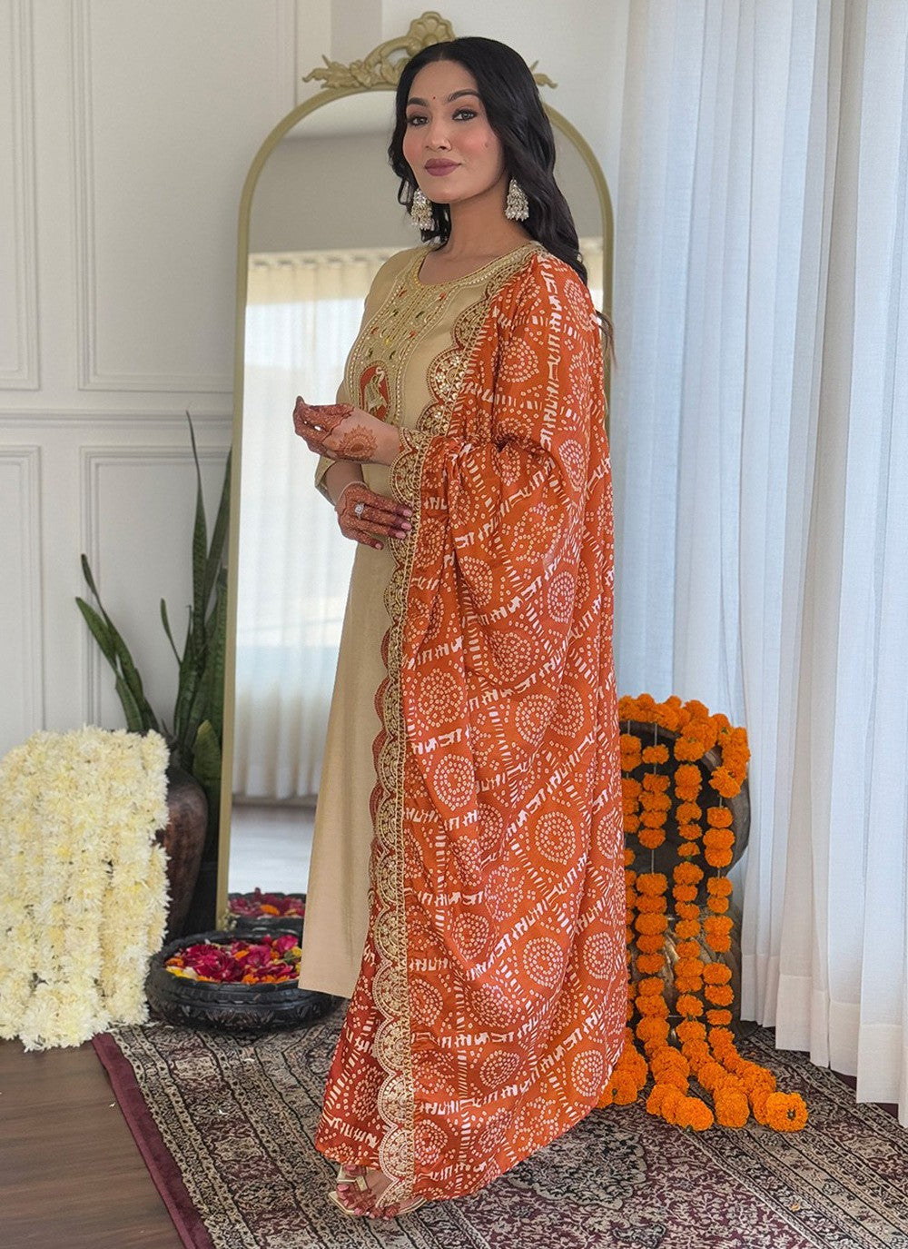 Embroidered Viscose Beige Salwar Suit T6044