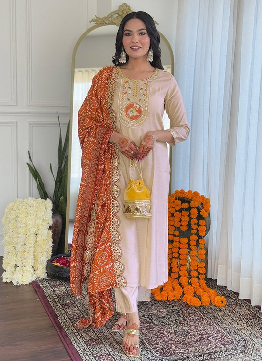 Embroidered Viscose Beige Salwar Suit T6044