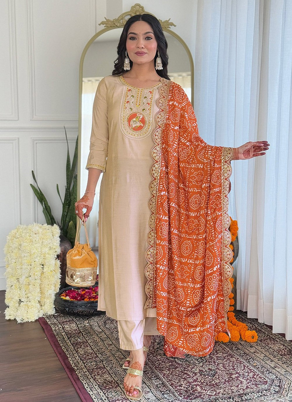 Embroidered Viscose Beige Salwar Suit T6044
