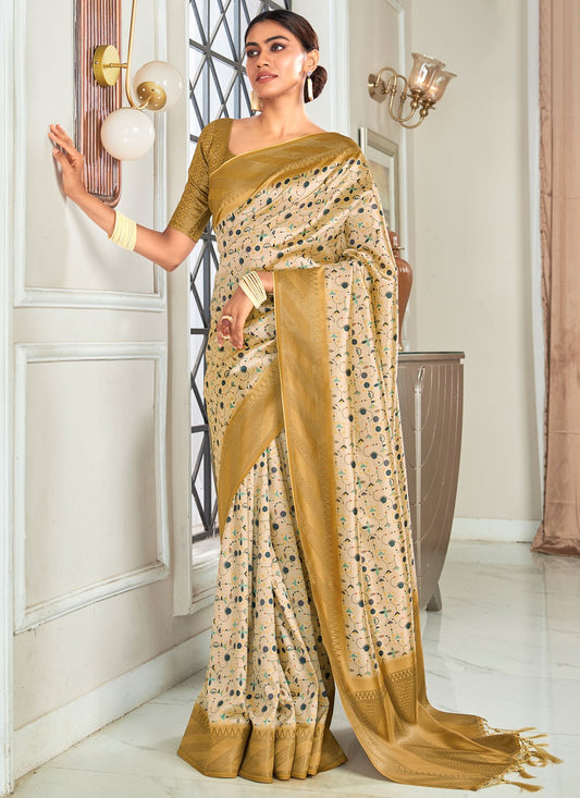 Weaving Zari Handloom Silk Beige Saree S14245