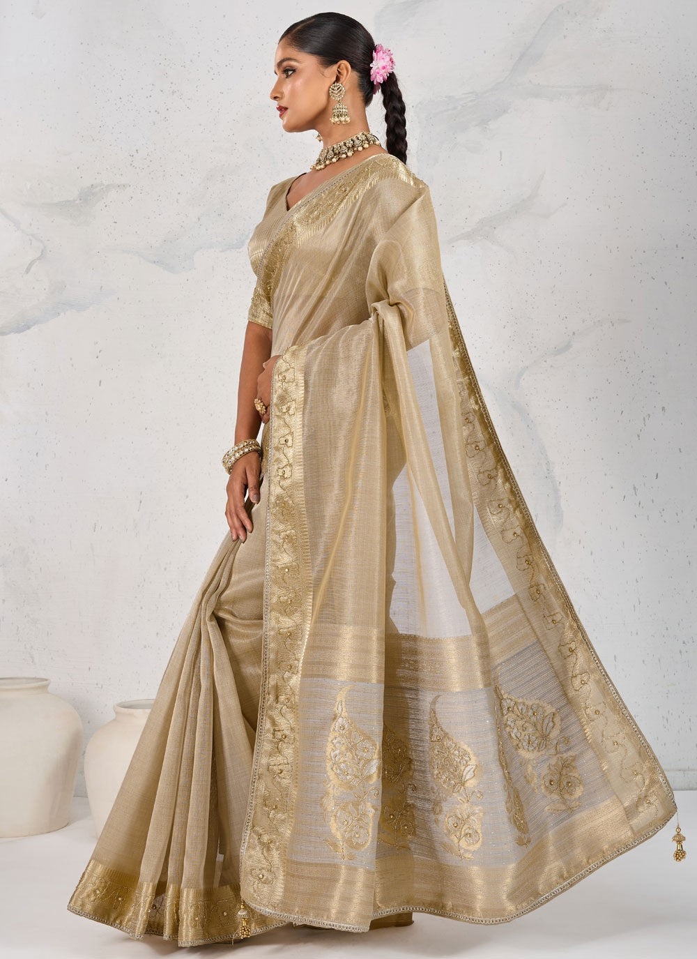 Beige Linen Designer Saree Pearls, Thread, Woven, Zardosi S18173