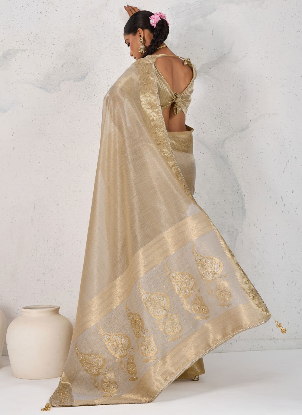 Beige Linen Designer Saree Pearls, Thread, Woven, Zardosi S18173