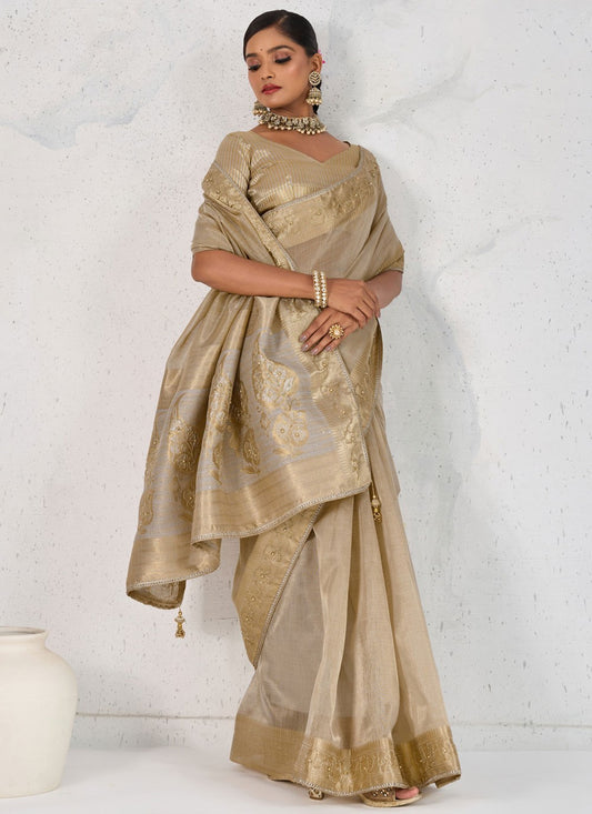 Beige Linen Designer Saree Pearls, Thread, Woven, Zardosi S18173