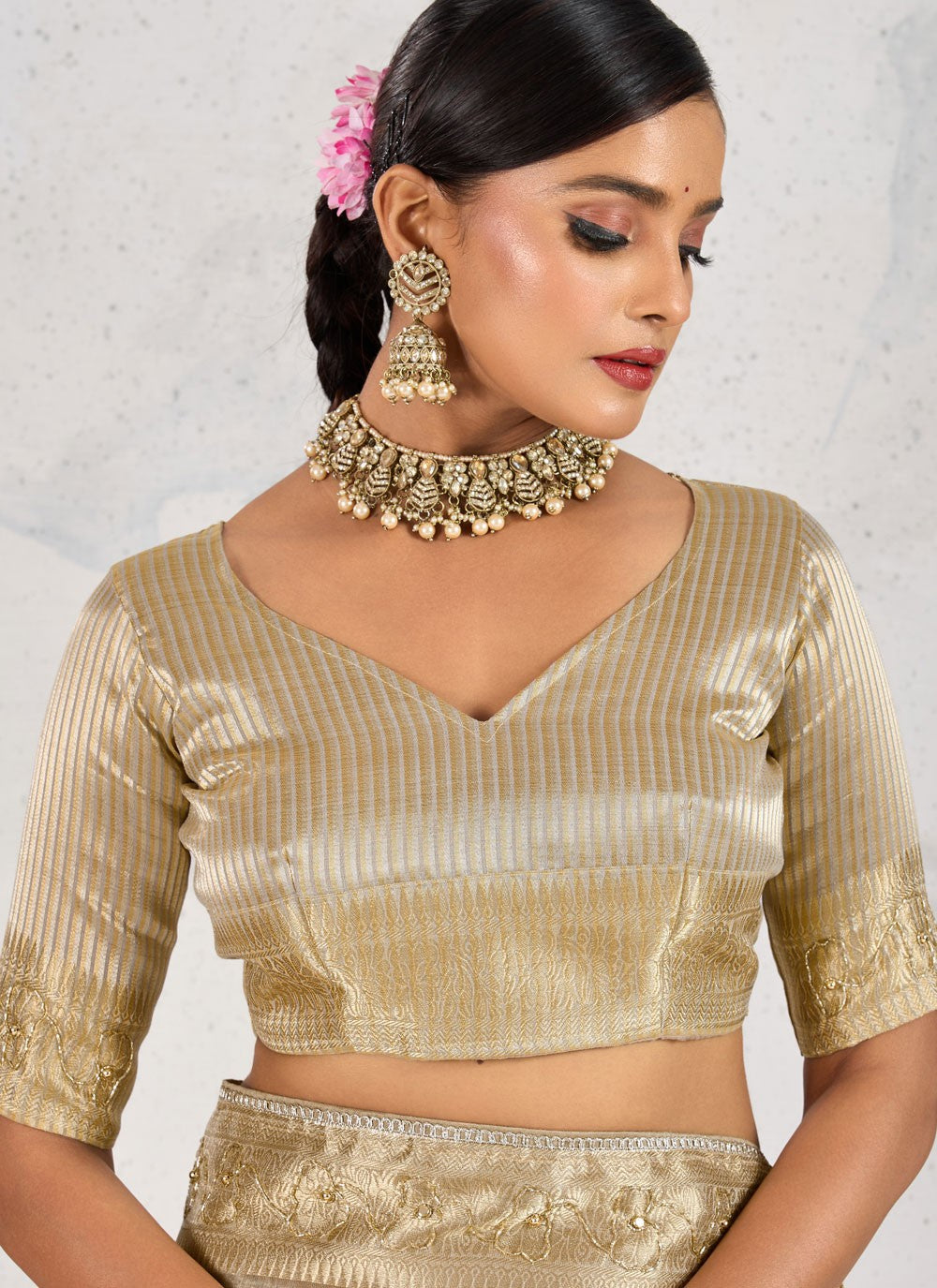 Beige Linen Designer Saree Pearls, Thread, Woven, Zardosi S18173