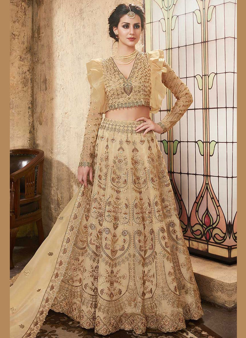 Embroidered Organza Beige Lehenga Choli L3749