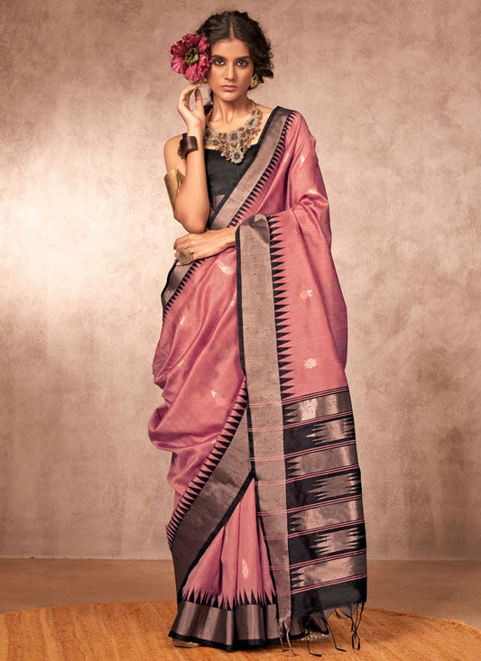 Weaving Zari Bhagalpuri Silk Pink Traditional Saree S15564