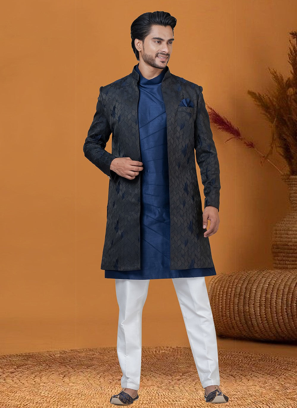 Jacquard Work Jacquard Silk Black, Blue Indo Western - M8402