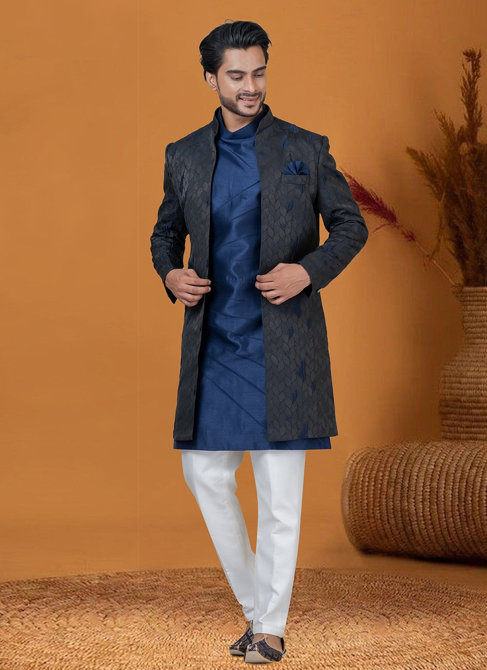 Jacquard Work Jacquard Silk Black, Blue Indo Western - M8402