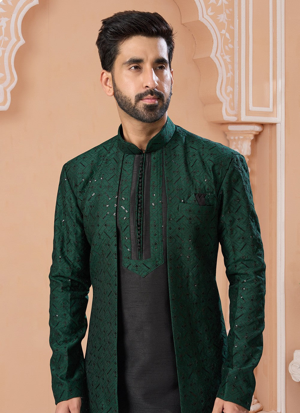 Embroidered Banglori Silk Black, Green Indo Western Sherwani - M6887