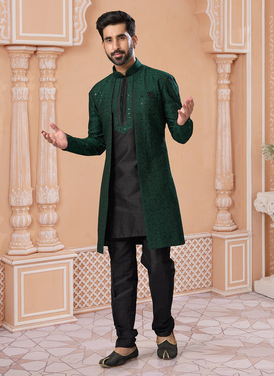 Embroidered Banglori Silk Black, Green Indo Western Sherwani - M6887