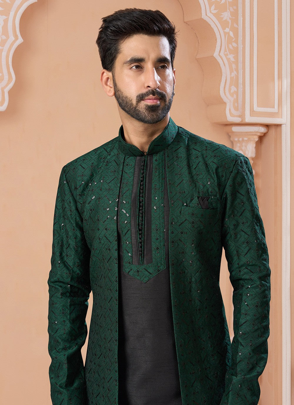 Embroidered Banglori Silk Black, Green Indo Western Sherwani - M6915