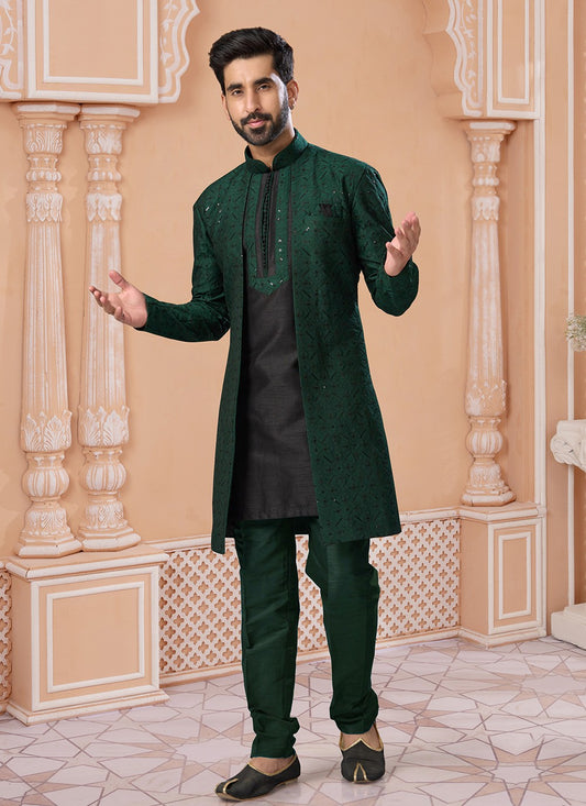 Embroidered Banglori Silk Black, Green Indo Western Sherwani - M6915