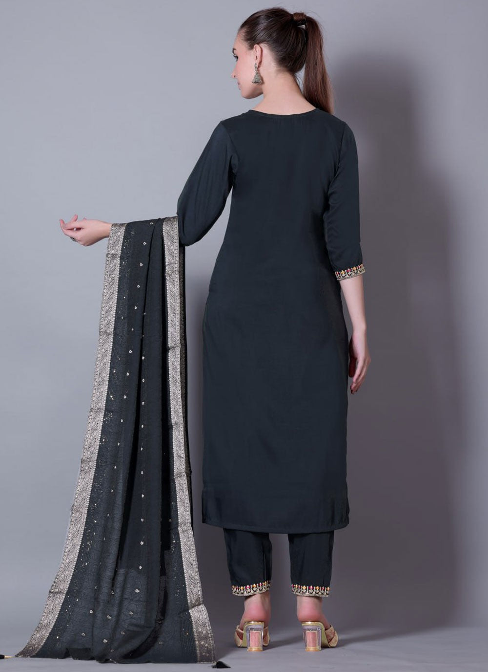 Pant Style Suit Embroidered Black T7113