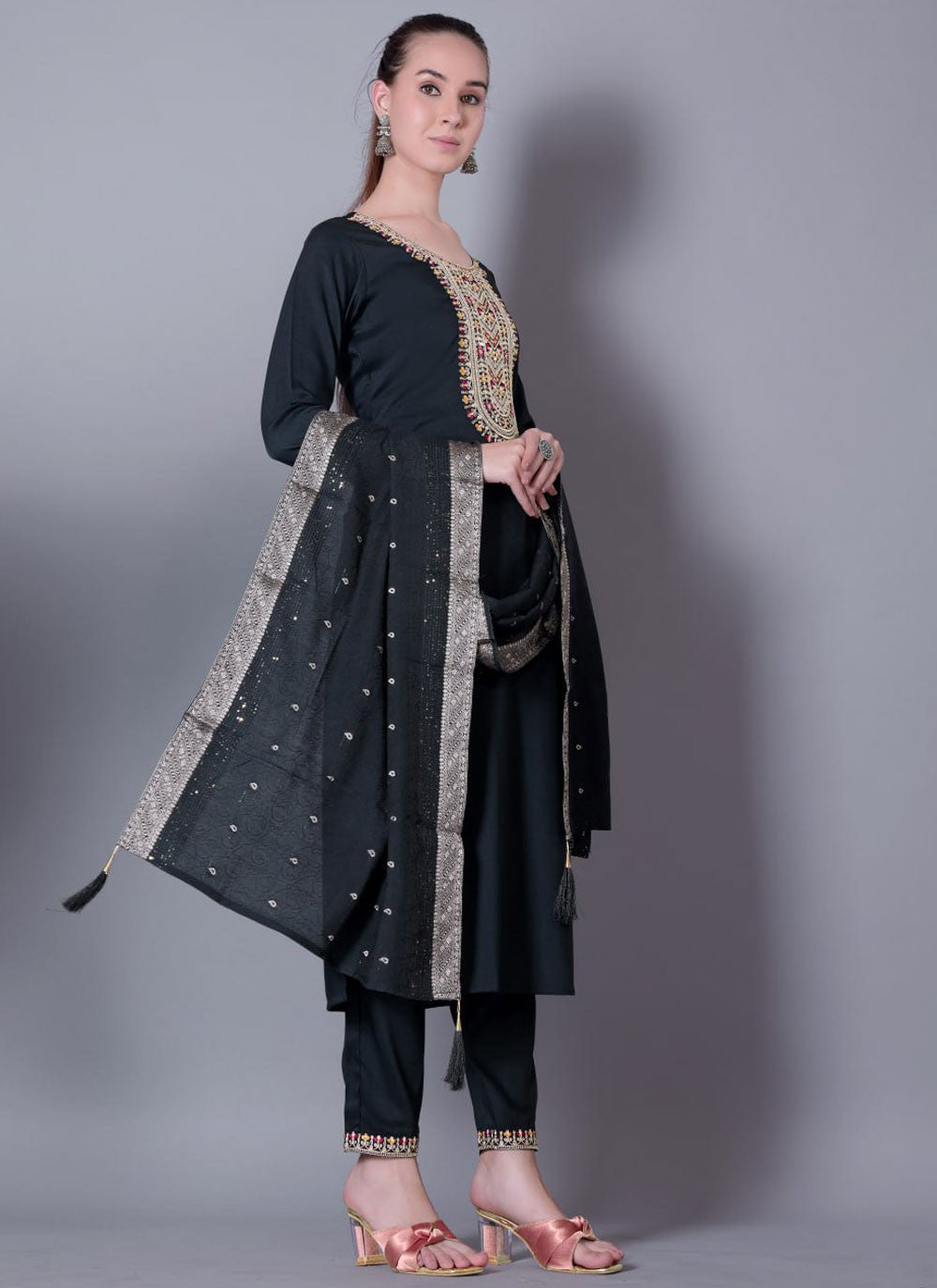 Pant Style Suit Embroidered Black T7113