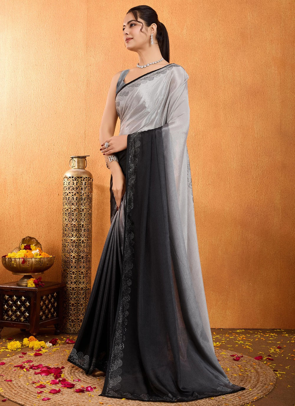 Diamond Chinon Black Saree S14533