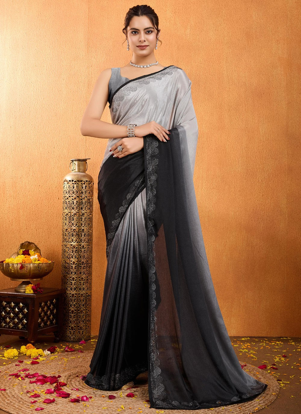 Diamond Chinon Black Saree S14533