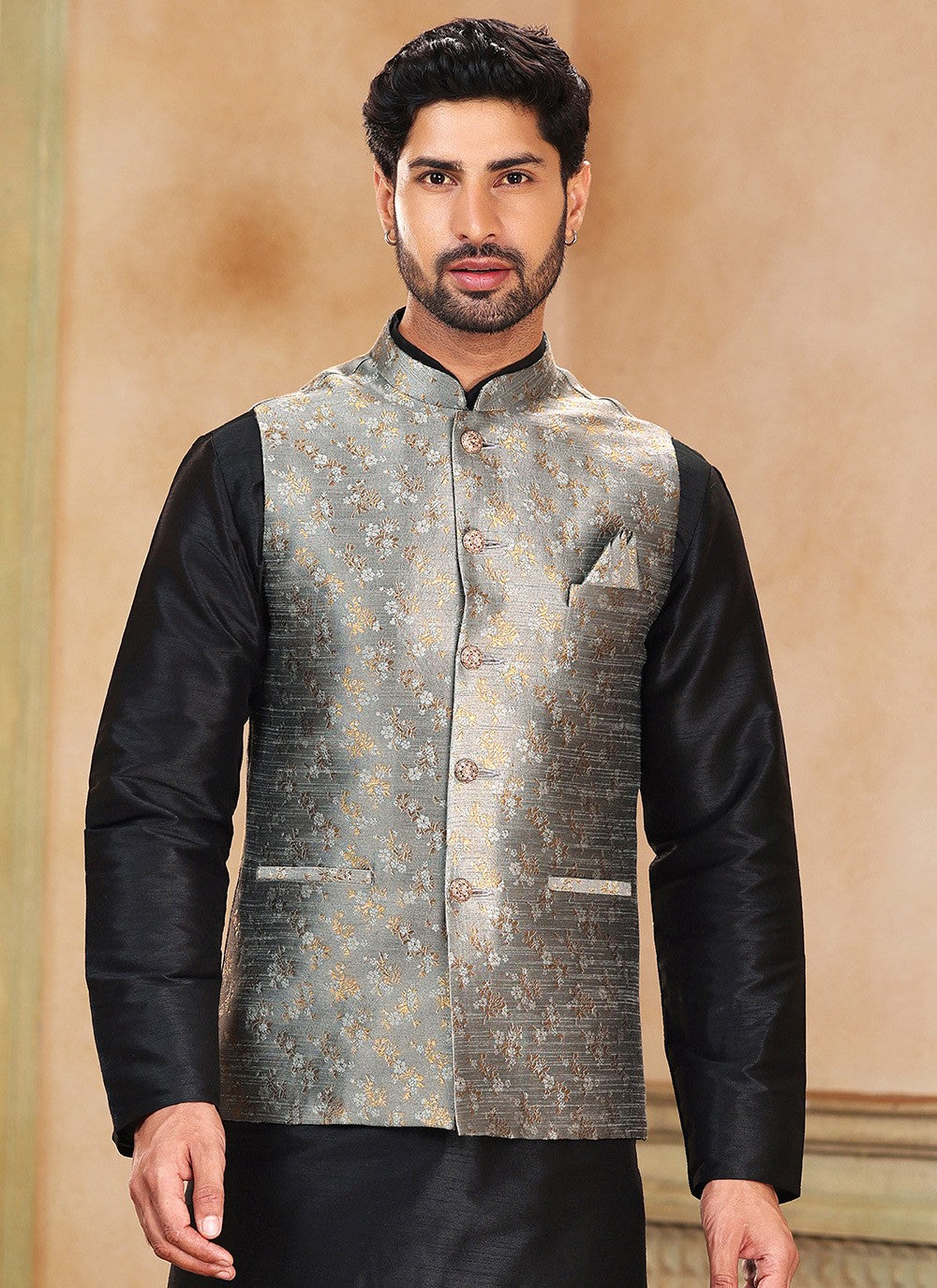 Fancy Work Banarasi Silk, Jacquard Black, Grey Kurta Payjama With Jacket - M5367