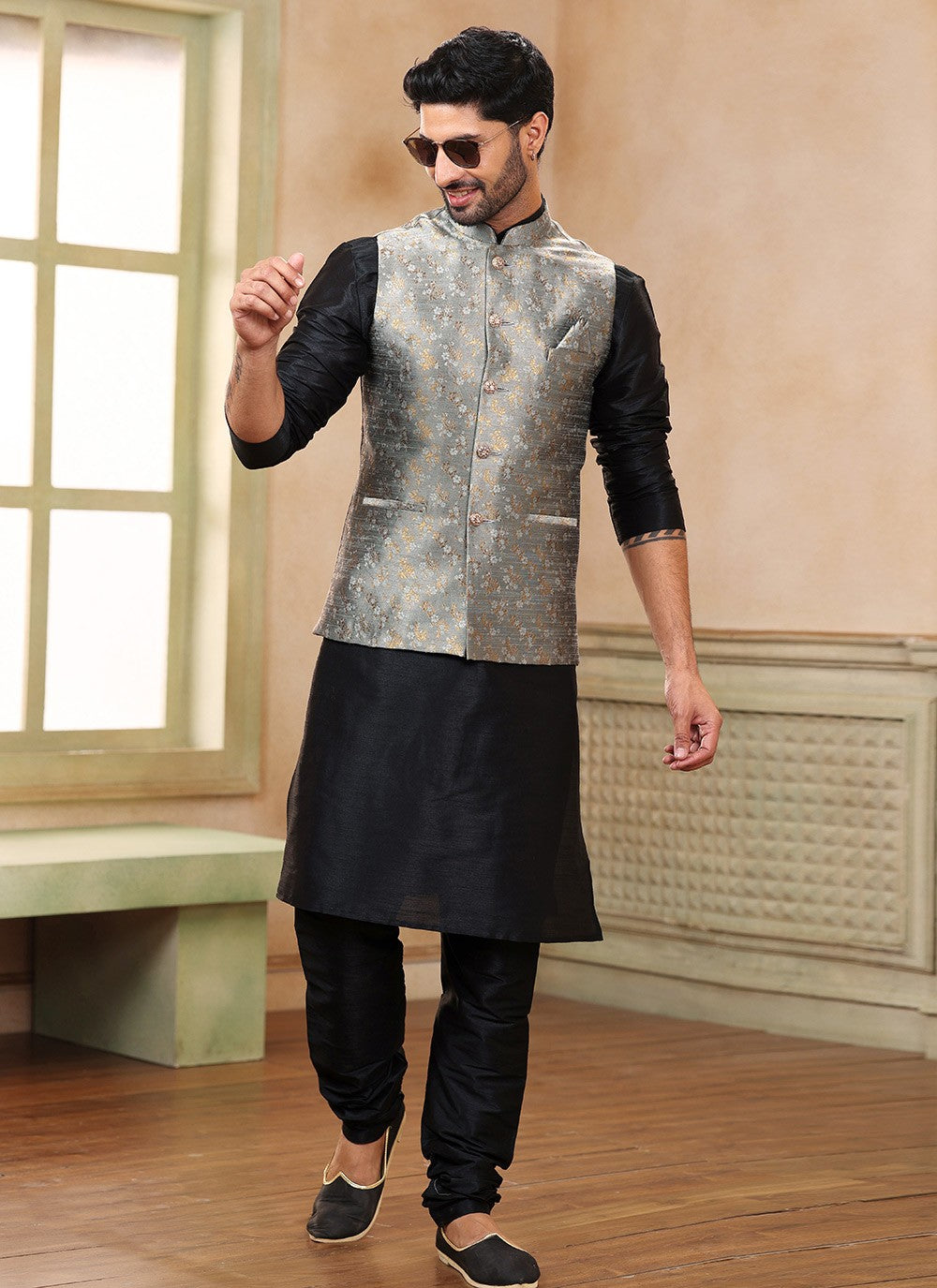 Fancy Work Banarasi Silk, Jacquard Black, Grey Kurta Payjama With Jacket - M5367