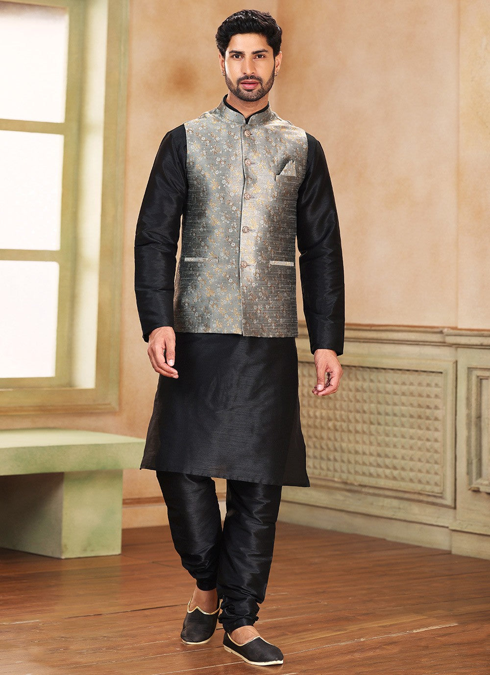 Fancy Work Banarasi Silk, Jacquard Black, Grey Kurta Payjama With Jacket - M5367