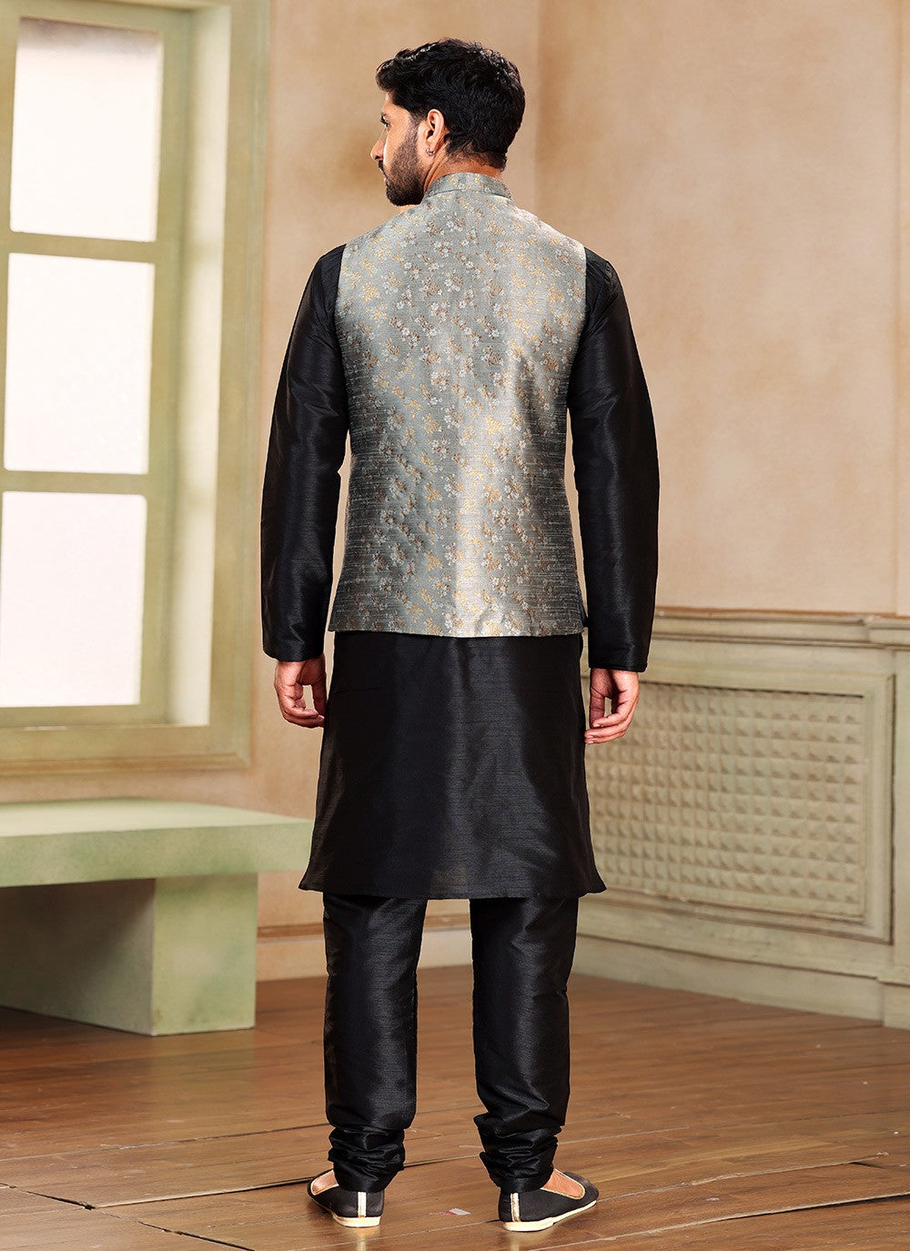 Fancy Work Banarasi Silk, Jacquard Black, Grey Kurta Payjama With Jacket - M5367