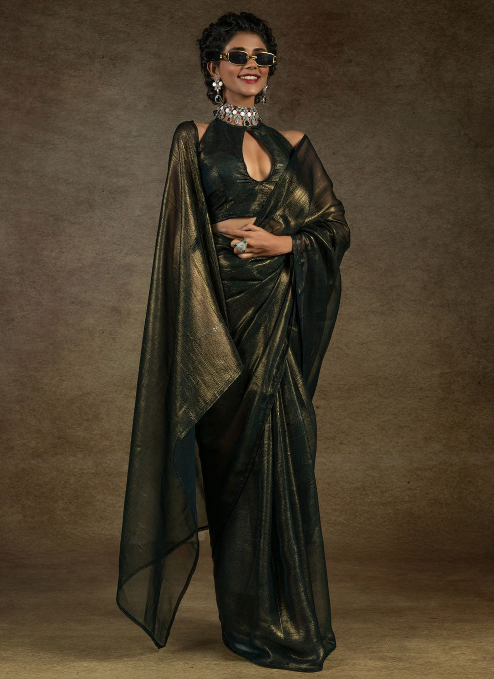 Plain Chiffon Satin Black Contemporary Saree S15436