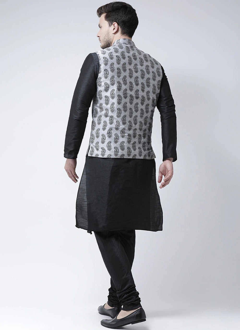 Printed Dupion Silk Black, Grey Kurta Payjama With Jacket - M6279